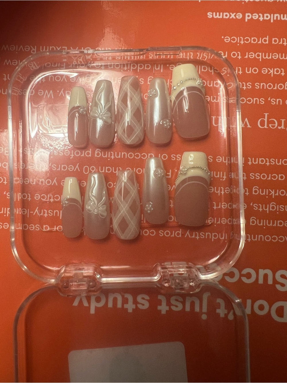 Neutral Pink Acrylic Press-On Nail Set with White Accents
